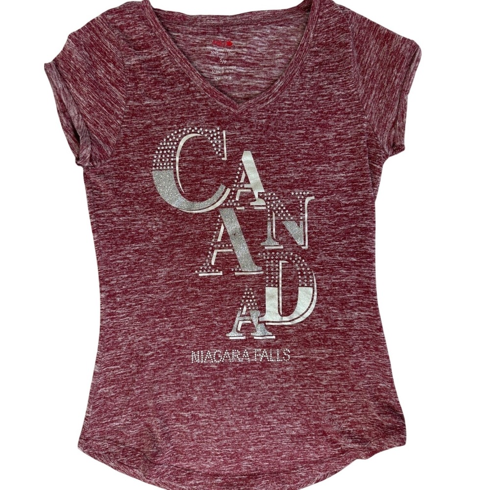 MRJ Canada Niagara Falls Graphic T-Shirt Burgundy Rhinestone V-Neck Small